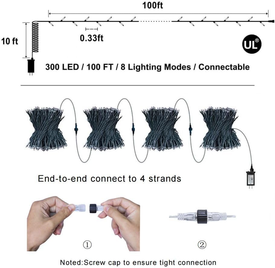 300LED Christmas Lights Indoor Outdoor Use Green Wire, 8 Lighting Modes 100FT Christmas Tree Lights with Timer & Memory, IP44 Waterproof for Tree Xmas Patio Yard Fence Balcony Garden Cool White