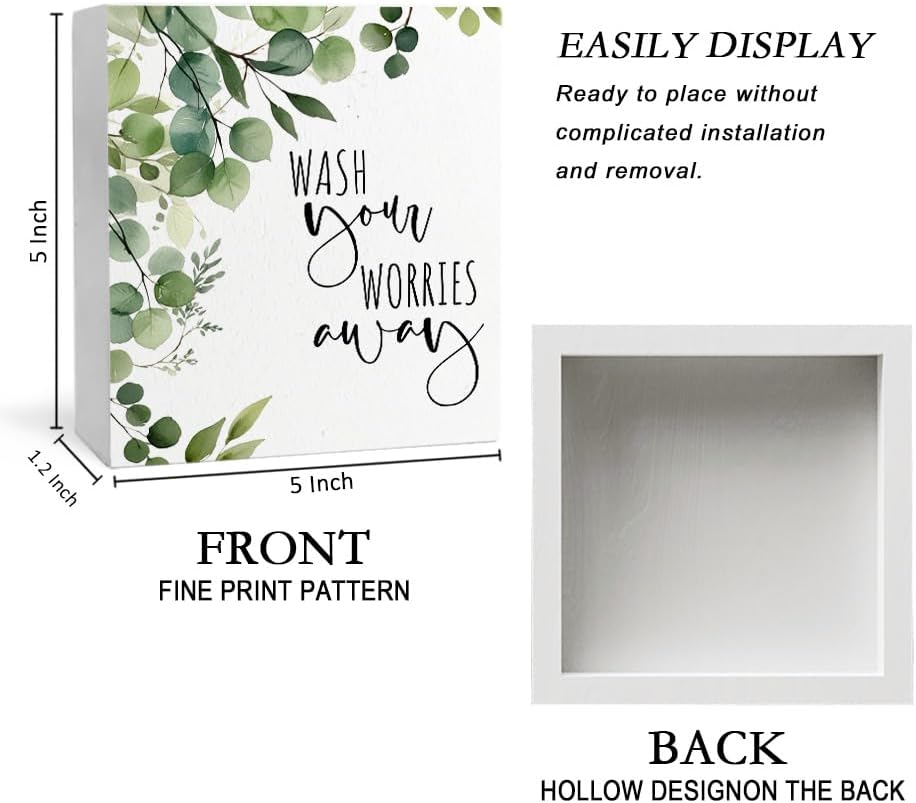 Wash Your Worries Away Funny Bathroom Wooden Box Sign, Eucalyptus Botanical Wood Signs for Restroom Bathroom Toilet Half Bath Shelf Counter Decor, 5x5 Inch