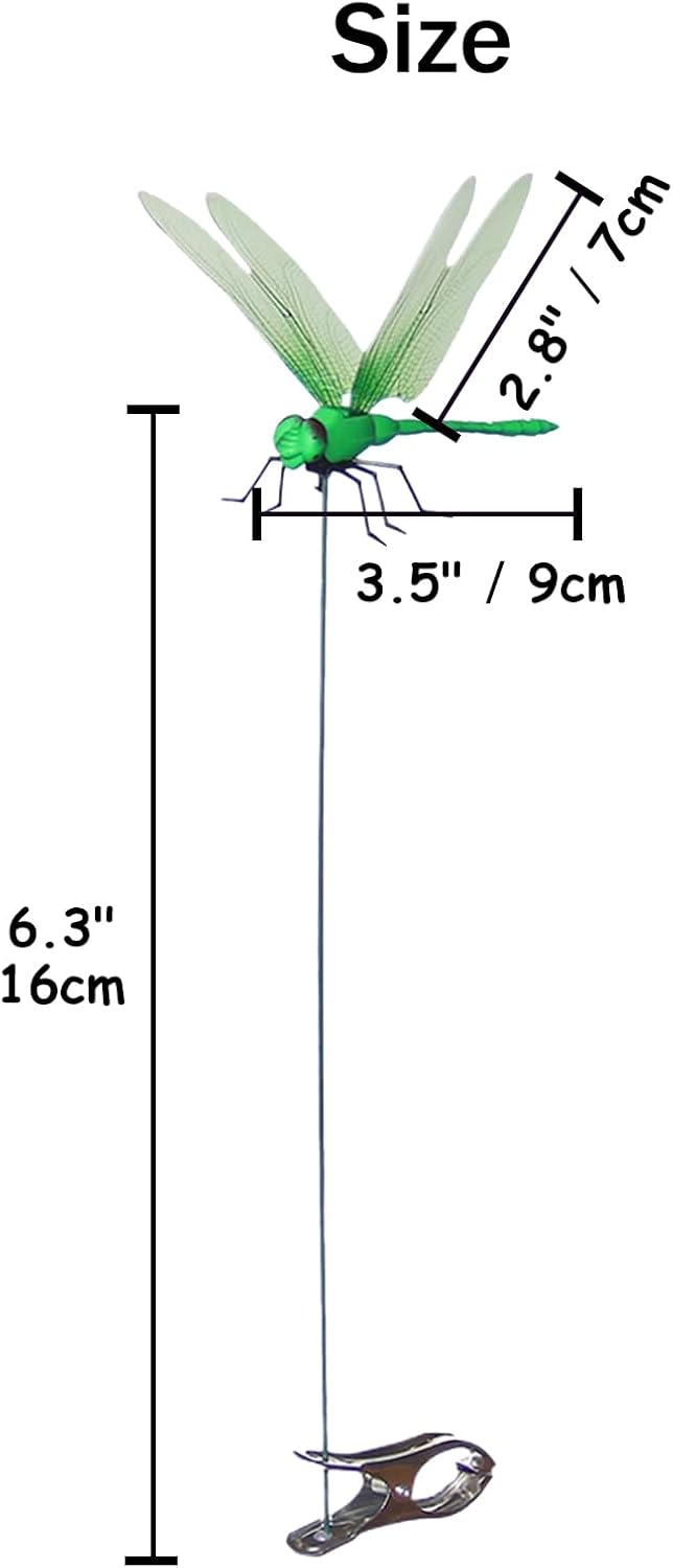 Jongdari 12 Sets Dragonfly Hat Clip Realistic Fake Dragonflies Clip-On Garden Outdoor Decor Stakes Plastic Dragon Fly Clips Plant Decorations for Pots, Includes Pliers & Clips