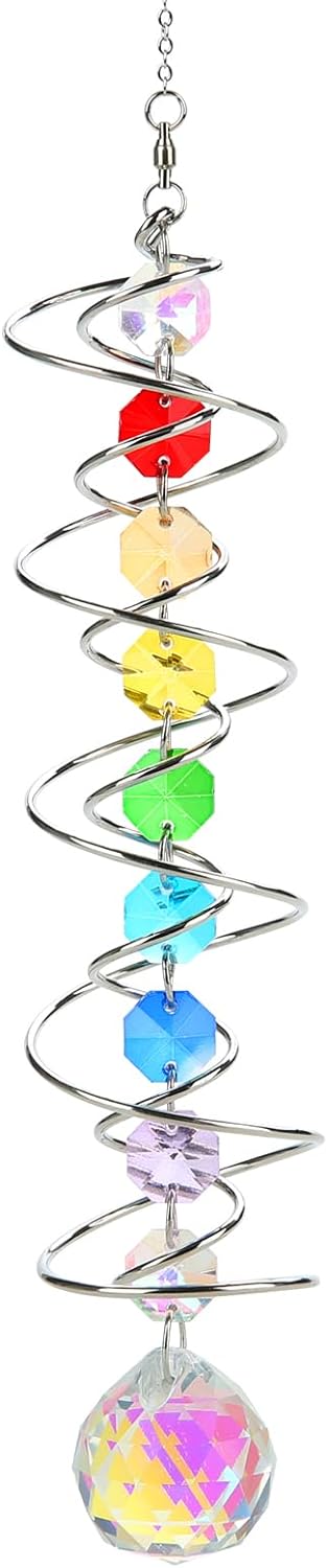 Suncatcher Wind Spinner Gazing Ball Spiral Tail, Crystal Sun Catchers with Seven Chakra Beads Window Hanging for Indoor Home Outdoor Garden Decor Wedding Birthday Party Gifts for Girl Women Mom