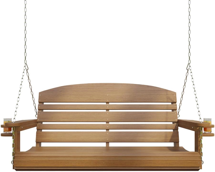 Classic Recycled Plastic Porch Swing in Mahogany Finish - Composite Poly Swing with Included Hanging Chains