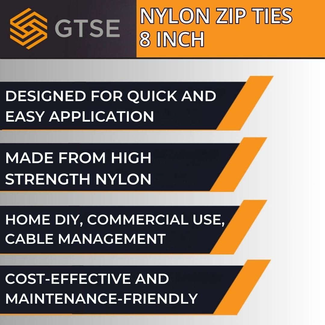 GTSE 8 Inch White/Clear Zip Ties, 100 Pack, 40lb Strength, UV Resistant Strong Nylon Cable Ties, Self-Locking 8" Tie Wraps