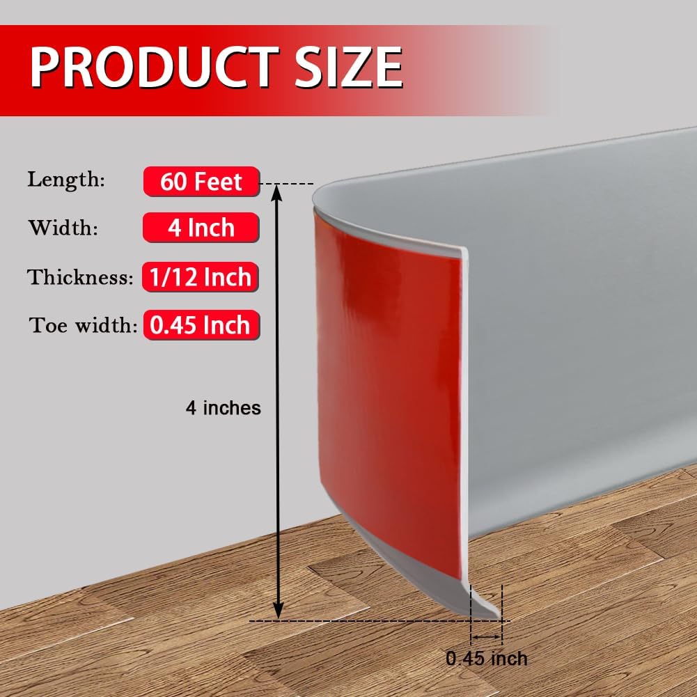 Vinyl Wall Base Baseboard Molding Trim 4" Flexible Self Adhesive Rubber Wall Base Moulding Trim Peel and Stick Design, 4 Inch x 60 Feet, Gray