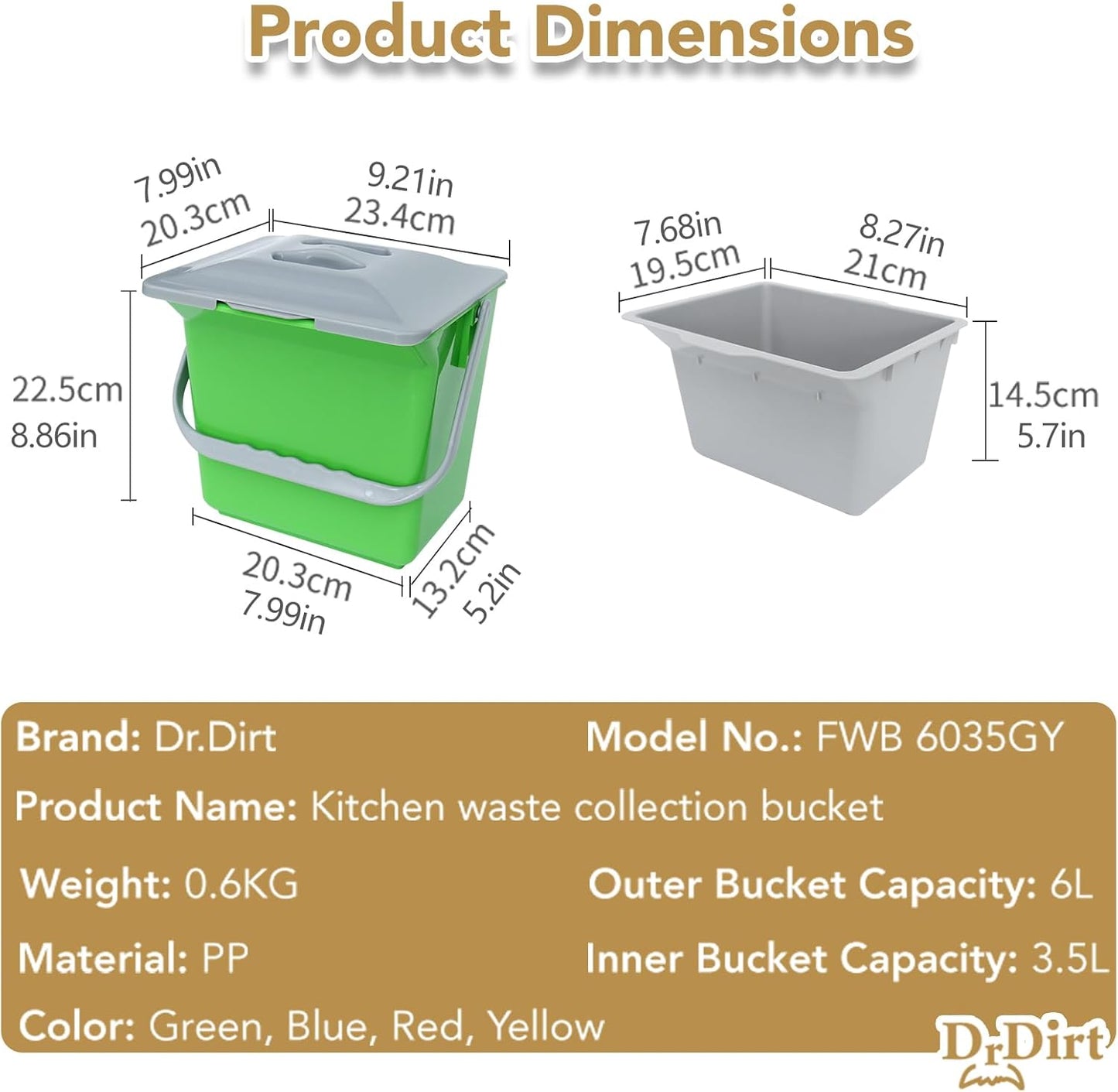 DrDirt Kitchen Compost Bin, 6L / 1.58 Gal Kitchen Compost Bin Countertop with Inner Sieve for Liquid Separation, Odor-Control, Easy to Clean, for Cooking Family and Home Party,Red