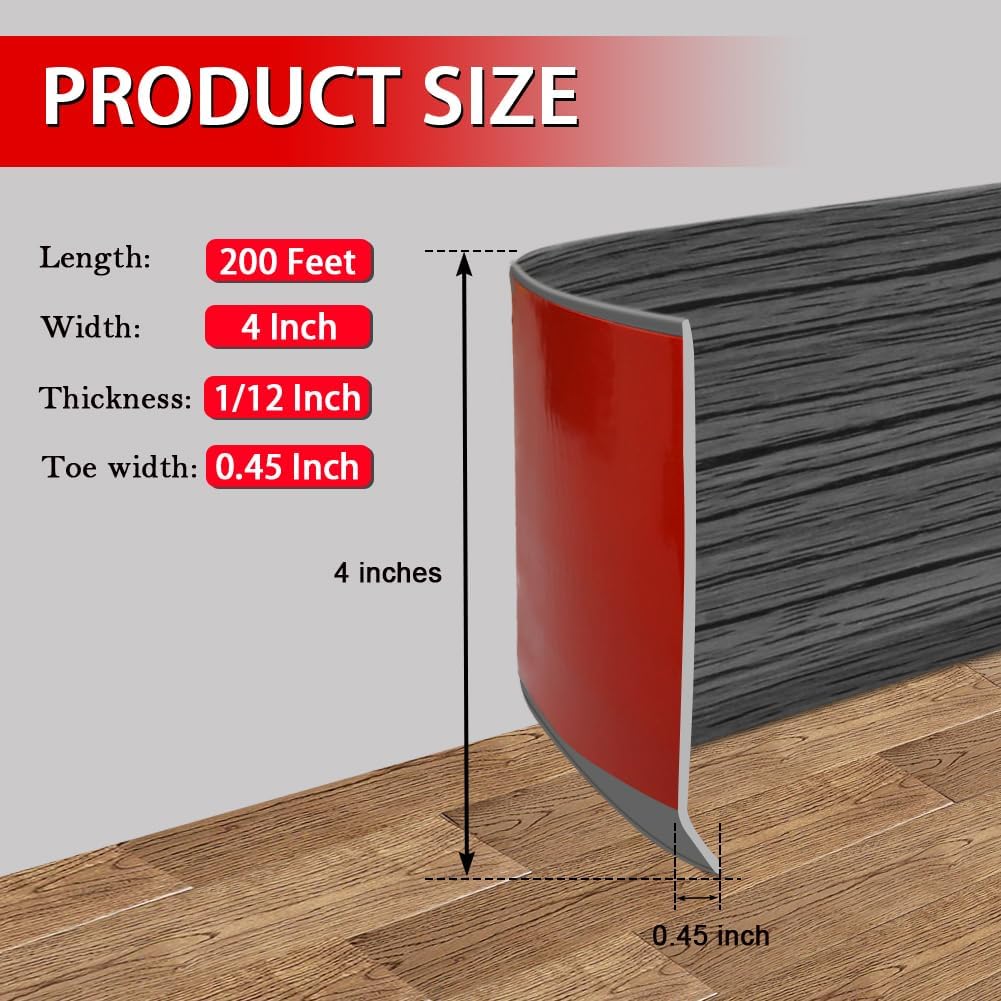 Vinyl Wall Base Baseboard Molding Trim 4" Flexible Self Adhesive Rubber Wall Base Moulding Trim Peel and Stick Design, 4 Inch x 200 Feet, Dark Gray Wood