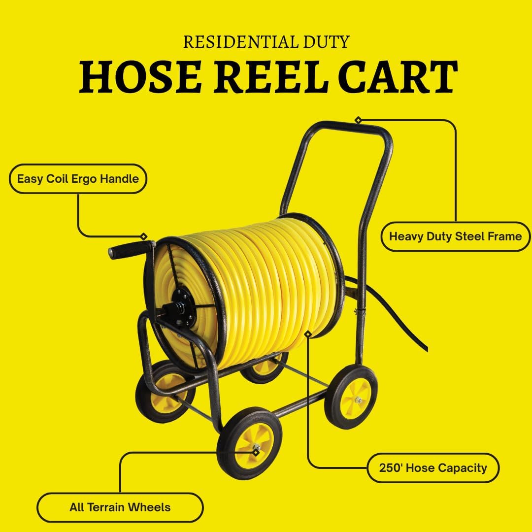 Garden Hose Reel Cart, Heavy Duty Steel Reel with Wheels, Garden Hose Holder for Outside, Backyard, or Lawn, Mobile Garden Cart Holds Up to 250 ft of 5/8’’