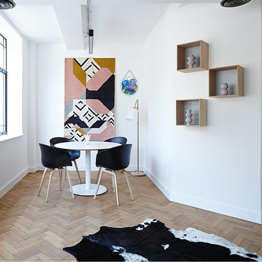 Handmade Hydrangea Flower Stained Glass Suncatcher - Vibrant Window Décor for Home/Garden,Gift-Ready Sun Catcher Art with Hook (Blue, 11.8 * 11.8IN)