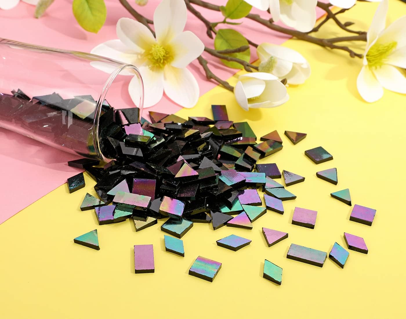 Lanyani Glass Mosaic Tiles for Art Crafts,4 Shapes Mixed Tiffany Stained Glass Pieces,200 Pieces,Square/Rectangle/Diamond/Triangle,Iridescent Black