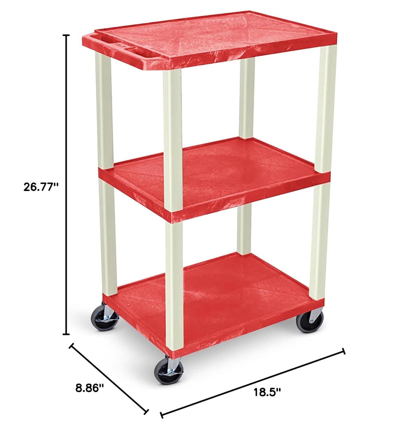 LUXOR UCPL1R 42"H 3-Shelf Utility Cart - Red Shelves, Putty Legs