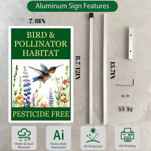Bird and Pollinator Habitat Pesticide Free Yard Sign With Stakes 7x9.8inches Rustproof Reflective Aluminum Pollinator Friendly Garden Sign Stand Hummingbird Outdoor Decor
