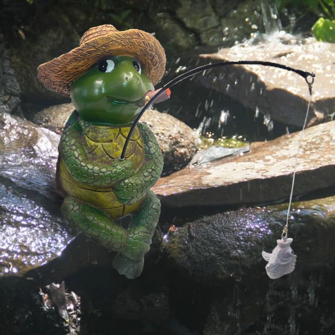 Tortoise Fishing Statue Garden Decor,9.8" Weatherproof Resin Tortoise Fishing Sculpture Decor for Fish Ponds, Koi Ponds, Waterfalls, Poolside Outdoor Gardens Resin Figurine for Indoor Outdoor Décor