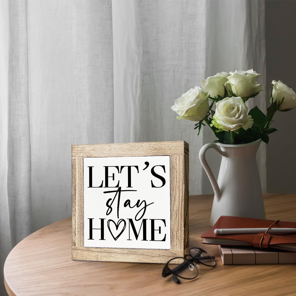 Rustic Farmhouse Home Decors, Let's Stay Home Sign, Art Decor for Farmhouse Porch, Front Door Decoration, Family Decor, Housewarming Gifts, Decorative Wooden Table Sign 5.9X5.9X0.7inches