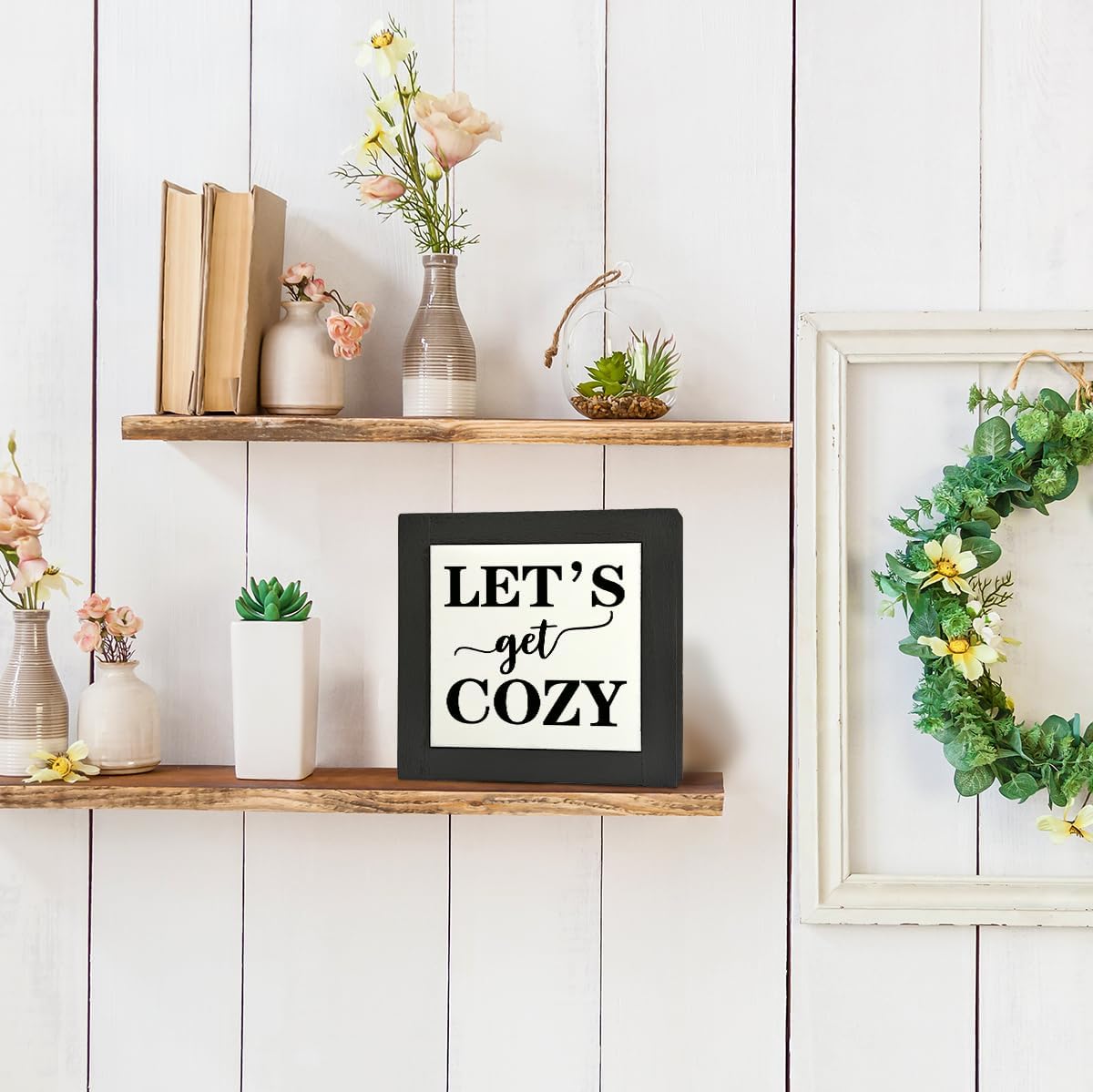 Inspirational Wood Signs, Box Wood Plaques Desk Décor, Farmhouse Home Decor Sign for Shelf, Family Table Decor for Kitchen Bedroom Dining Room, Living Room Decor, Housewarming Gift, Let's Get Cozy C