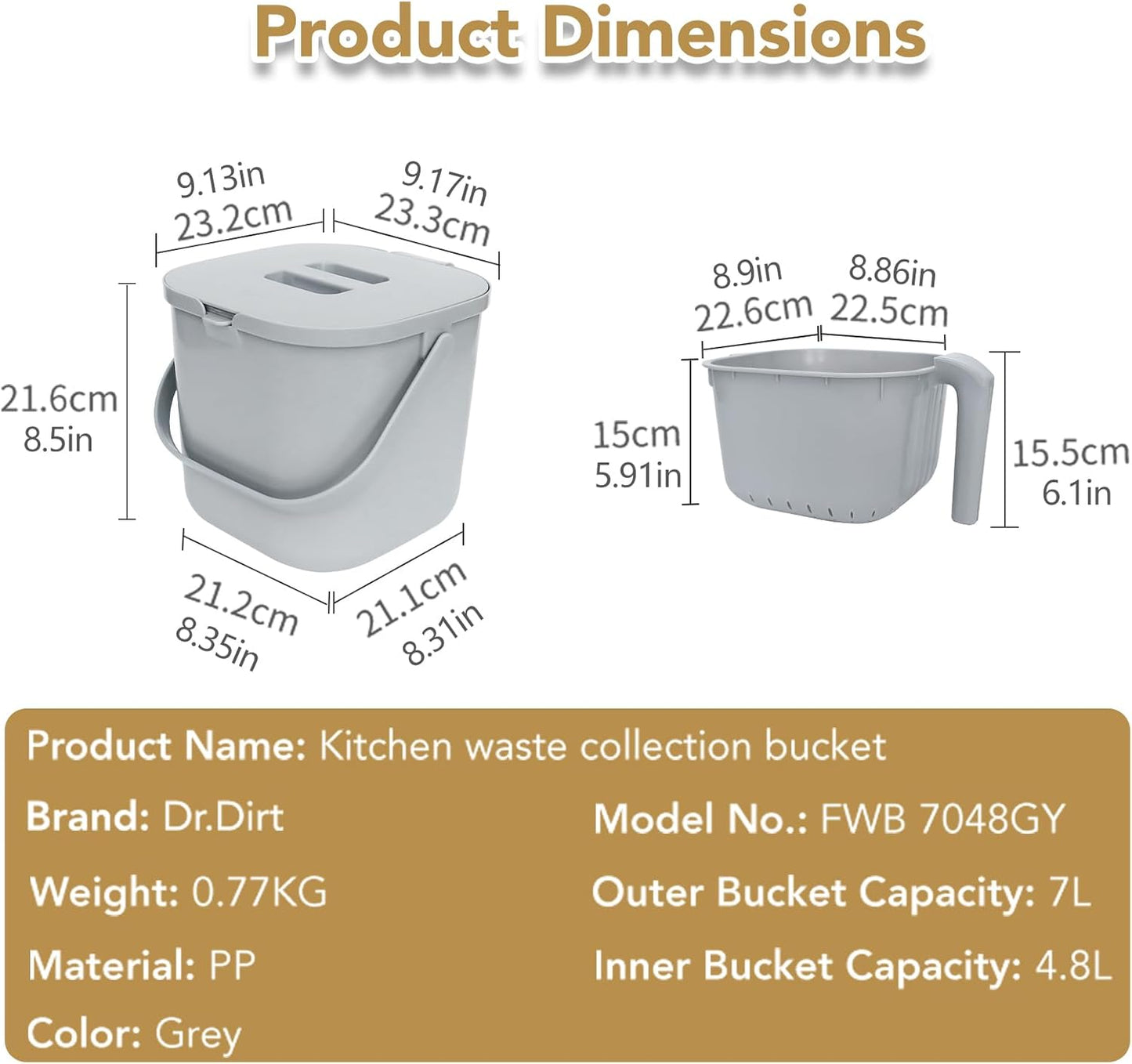 DrDirt Kitchen Compost Bin, 7L(1.85 Gal) Kitchen Compost Bin Countertop with Sealed Silicone Ring Lid, Odor-Control, Liquid Separation, Easy to Clean, for Cooking Family and Home Party, Gray