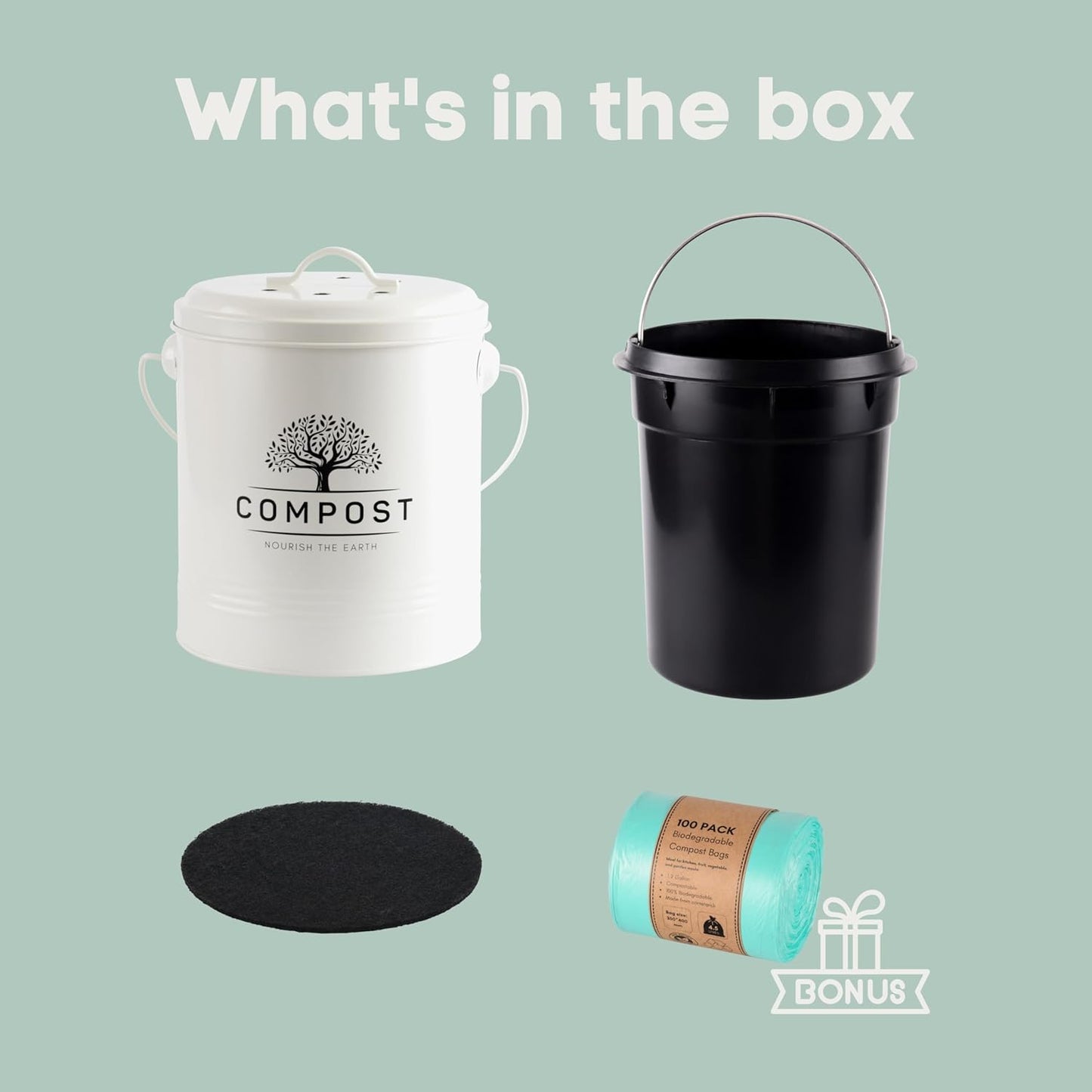 Perfnique Kitchen Compost Bin, 1.3 Gallon Countertop Compost Bin with Lid, Indoor Compost Bucket Includes Inner Bucket Liner and Carbon Filter, Small Compost Bin with Trash Bags (with Bags, Cream)