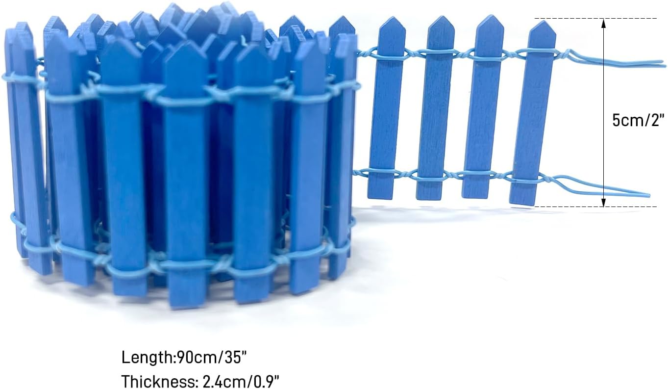 35 Inches Mini Fairy Garden Fence DIY Small Wood Decorative Picket Fence Micro Landscape Miniature Ornaments for Dollhouse, Crafts, Diorama Project, Plant Pot, Blue