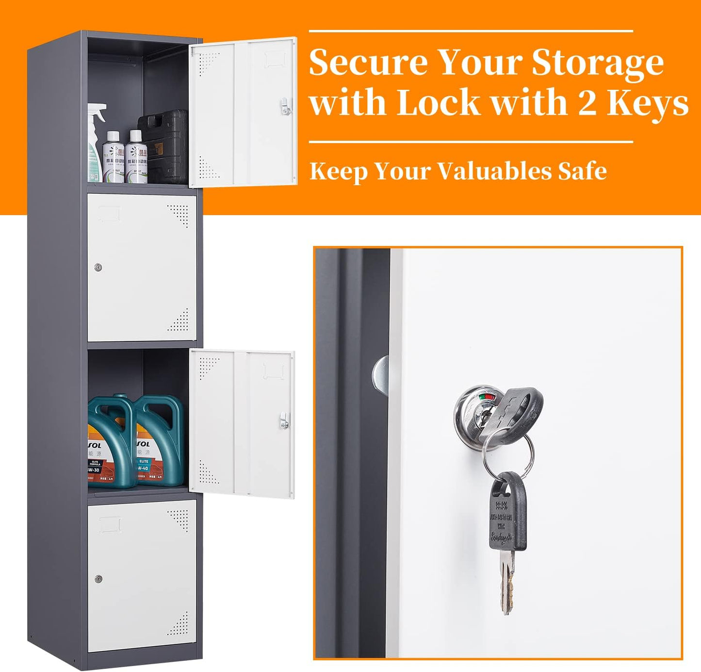 Metal Locker with 4 Doors, 71'' Lockers for Employees Steel Storage Locker, Lockable Locker Cabinet for School, Gym, Home Office and Garage(Grey White) (Rectangular)