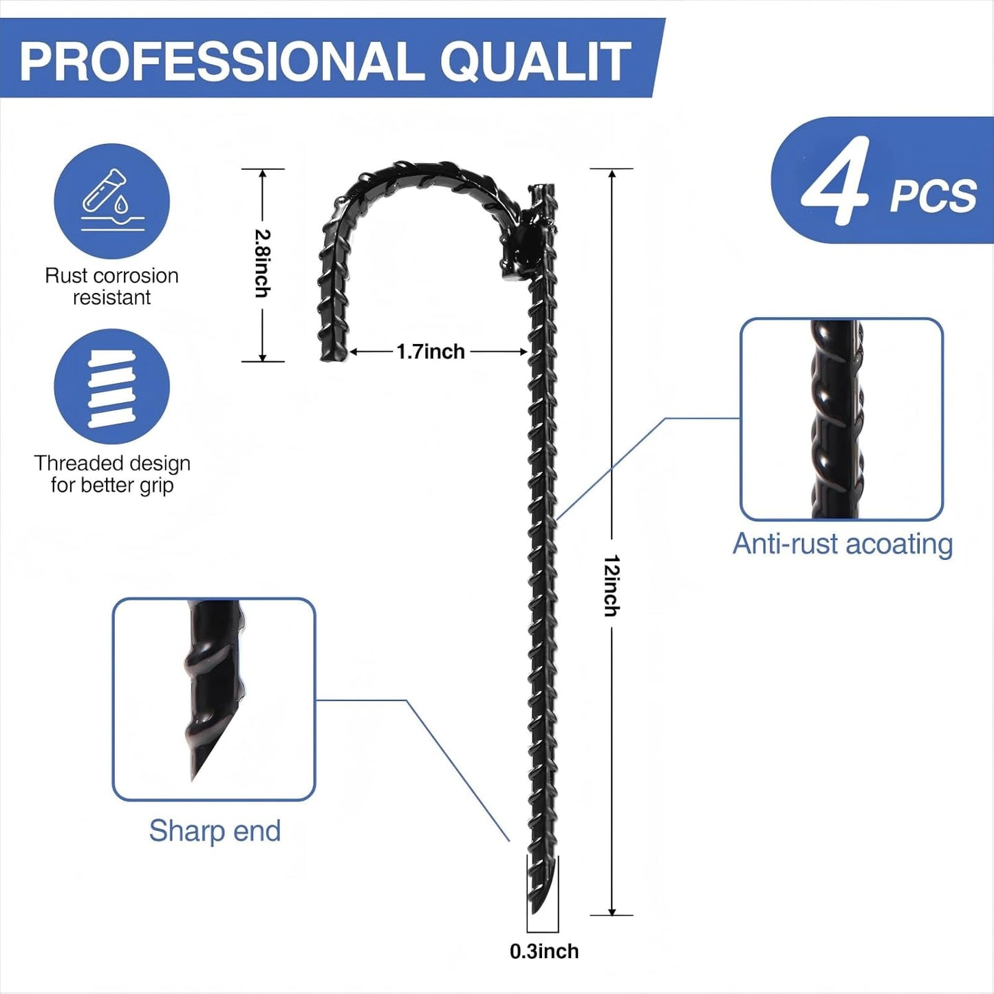 4pcs Threaded Steel bar Stakes/Ground Stakes/Outdoor Fence Ground Stakes.New J Hook Heavy-Duty rebar Metal Stakes ,Proof Coated Steel Ground Stakes with Chisel Point End.. (4)