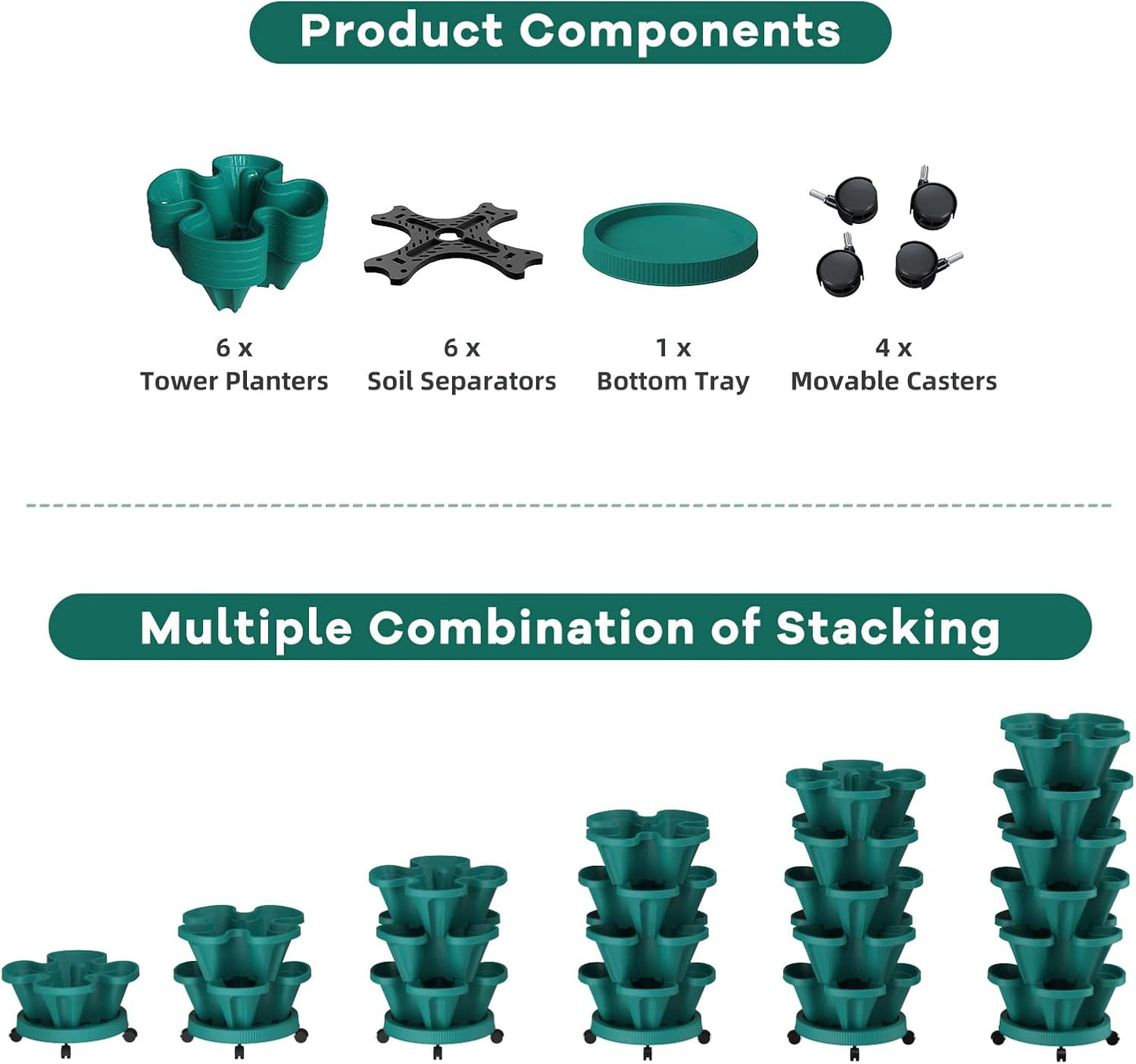 Strawberry Stackable Planters, Vertical Tower Garden, 6 Tiered Stacking Herb Vegetable Planters with Movable Casters and Bottom Saucer Indoor and Outdoor