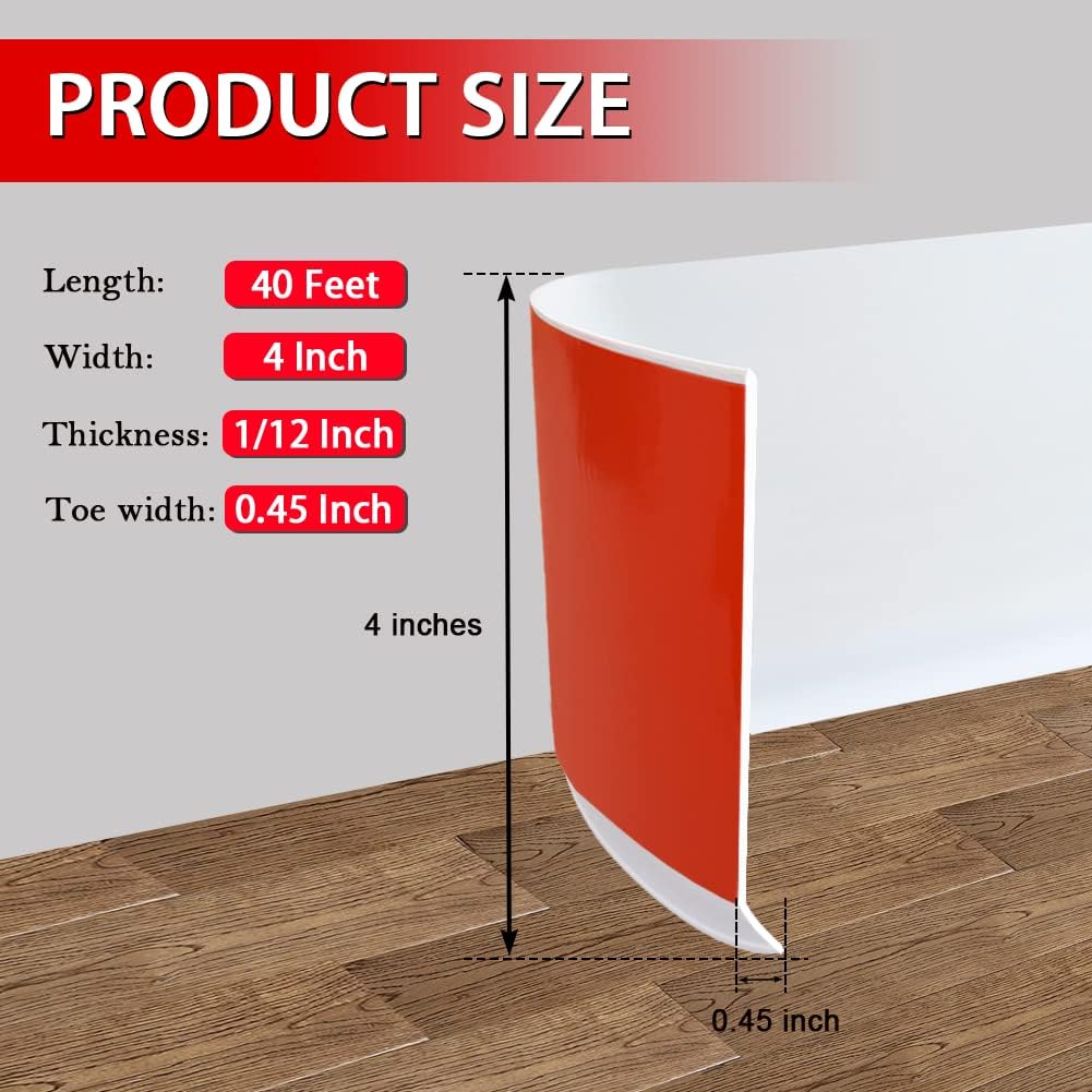 FONUNO Vinyl Wall Base Baseboard Molding Trim 4" Flexible Self Adhesive Rubber Wall Base Moulding Trim Peel and Stick Design, 4 Inch x 40 Feet, White