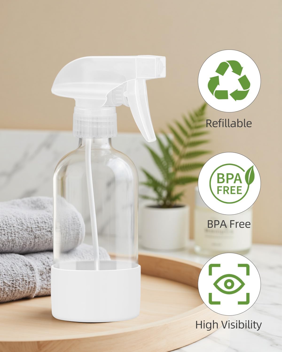 2 Pack Glass Spray Bottles 8 oz, Empty Refillable Containers with Silicone Sleeve Protection, Glass Spray Bottles for Cleaning Solutions, Hair and Plants with Adjustable Nozzles White