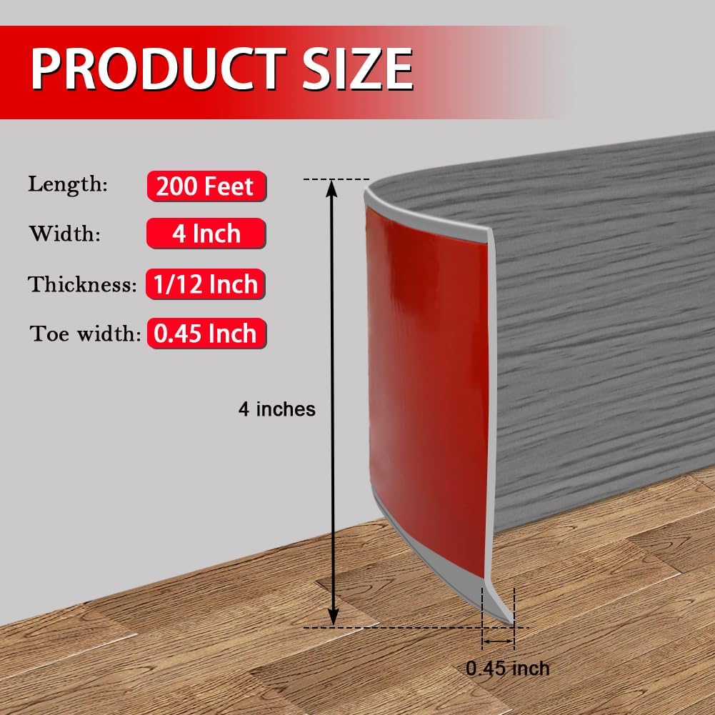 Vinyl Wall Base Baseboard Molding Trim 4" Flexible Self Adhesive Rubber Wall Base Moulding Trim Peel and Stick Design, 4 Inch x 200 Feet, Medium Grey Wood