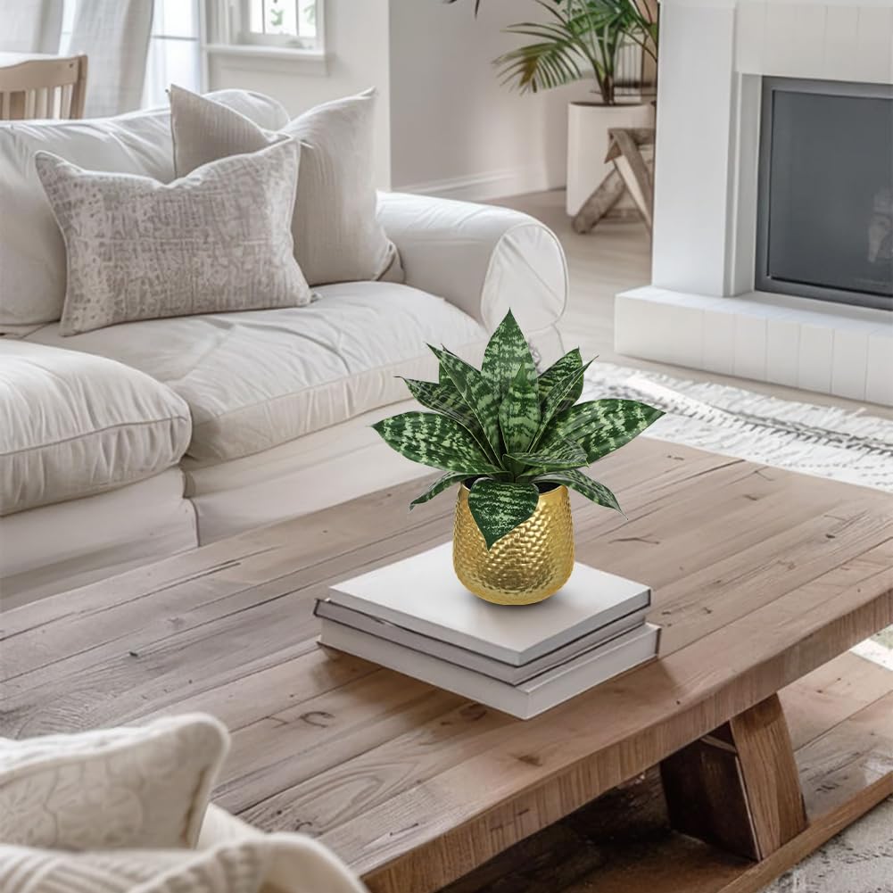 Hollyone Artificial Snake Plants 9" Faux Agave Succulent Plant Potted in Gold Metal Pot Fake Sansevieria Aloe Tropical Plant for Desk Modern Office Home Bathroom Indoor Outdoor Decor