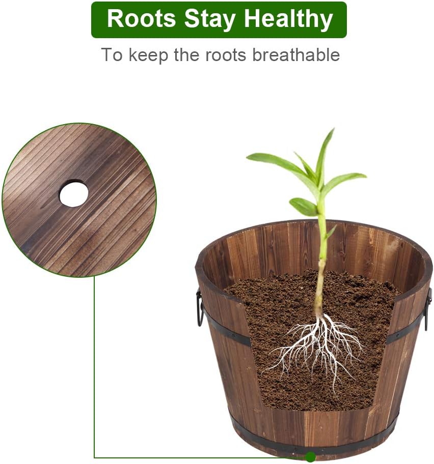 3 Pcs Wooden Planter Barrel Set, Outdoor Flower Pots with Handle & Drainage Holes, Rustic Whiskey Barrel Planter for Plants, Herbs, Veggies, Indoor Outdoor Use