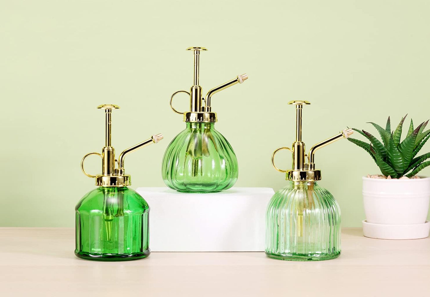 Glass Plant Mister Spray Bottle, 6.5" Green Glass Water Spray Bottle with Gold Top Pump Small Watering Can, Small Plant Sprayer Mister for Indoor Outdoor House, Green+Gold (Green+Gold C)