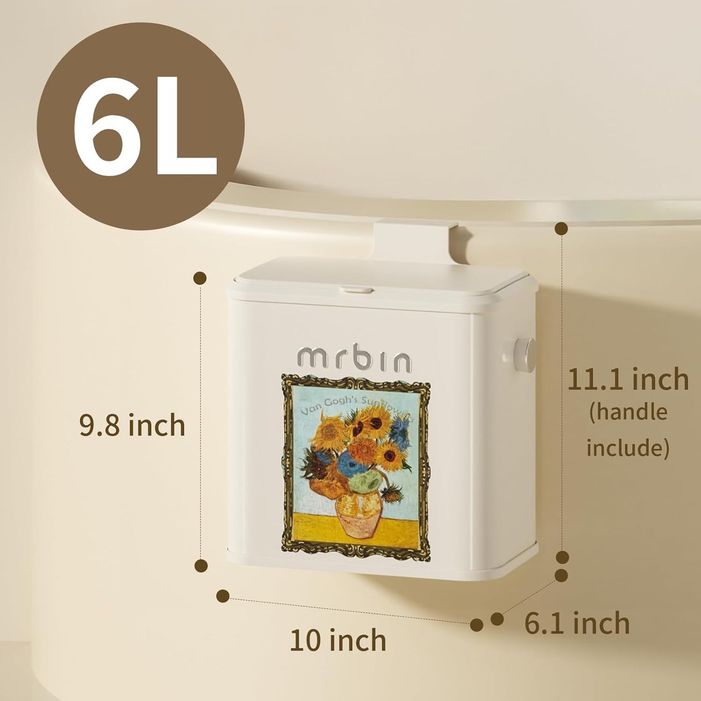 Mrbin Metal Compost Bin Countertop with Lid, Hanging Trash Can for Kitchen Cabinet Door, Wall Mounted Indoor Recycle Basket Food Waste Scrap Dustbin for Kitchen Under Sink with Inner Bucket, Sunflower