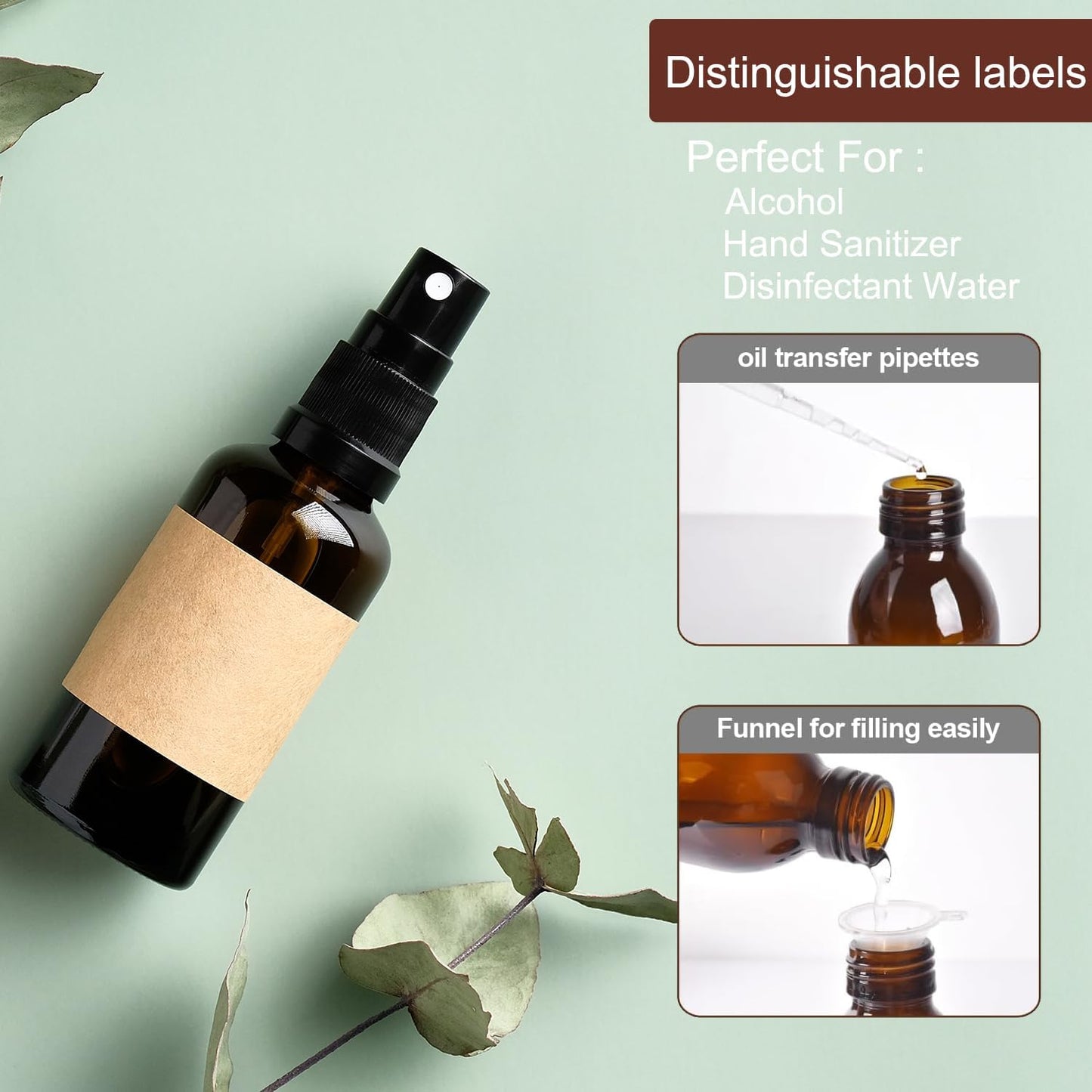 4 oz Amber Glass Spray Bottles - Small Empty Fine Mist Spray Bottle for Essential Oil,Face - Mini Dark Spray Bottles with,Included 4 Sprinkler, 1Funnels,1 Droppers, 4 Labels