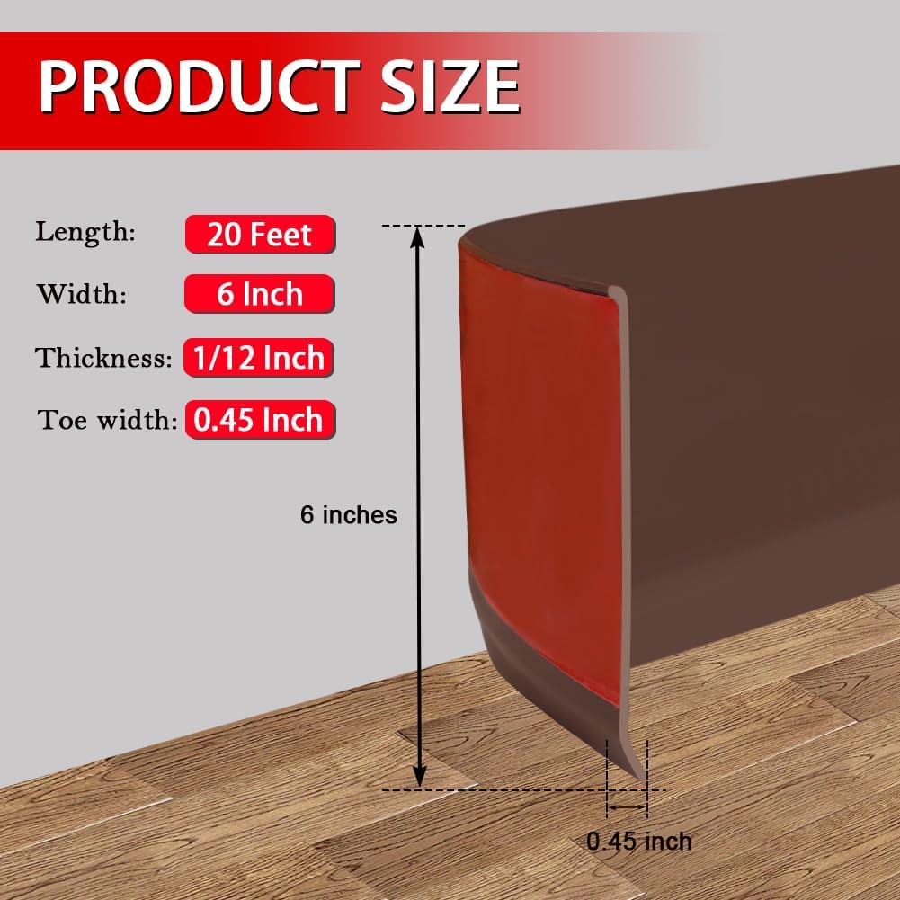 Vinyl Wall Base Baseboard Molding Trim 6" Flexible Self Adhesive Rubber Wall Base Moulding Trim Peel and Stick Design, 6 Inch x 20 Feet, Brown