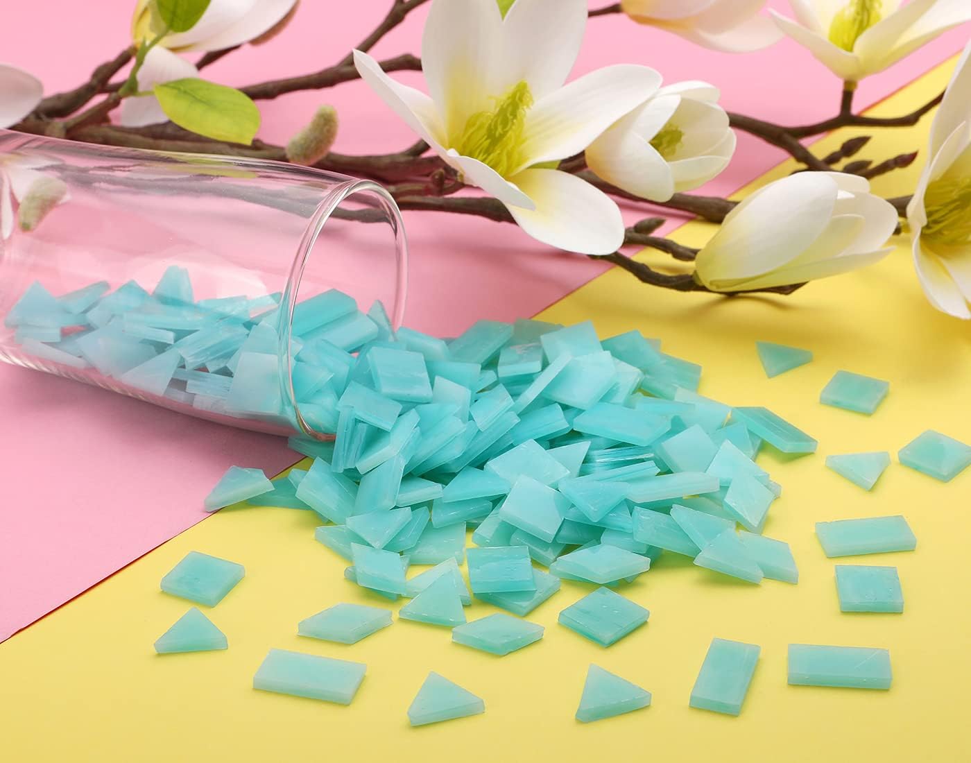 Lanyani 200 Mixed Color Glass Mosaic Tiles - 4 Shapes, Tiffany Stained Glass Pieces for Crafts, Robins Egg Blue