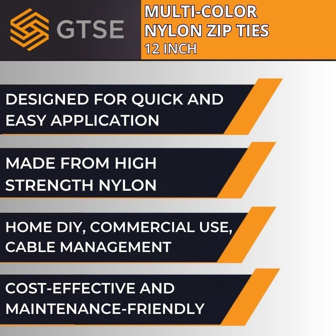 GTSE 12 Inch Mixed Colored Zip Ties, 200 Pack, 18lb Strength, UV Resistant Long Nylon Cable Ties, Self-Locking 8" Tie Wraps (Red, Blue, Green, Yellow)