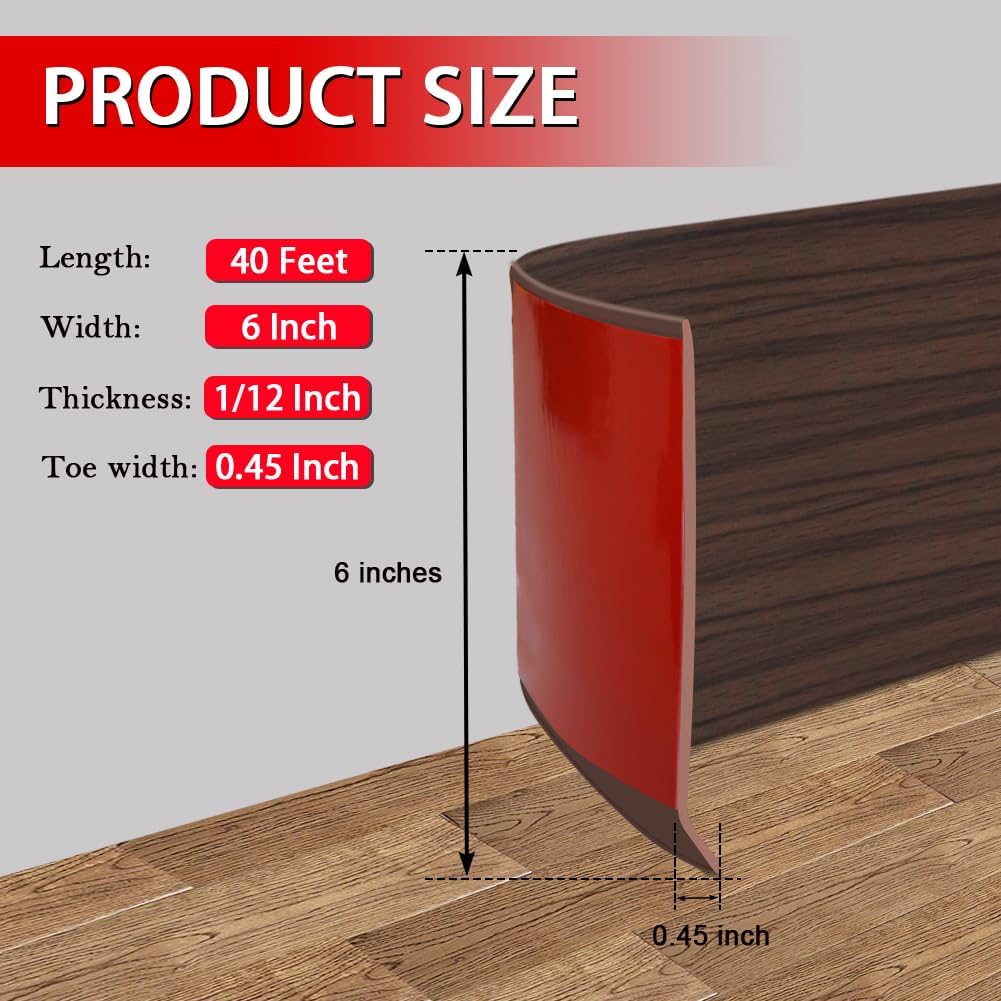 Vinyl Wall Base Baseboard Molding Trim 6" Flexible Self Adhesive Rubber Wall Base Moulding Trim Peel and Stick Design, 6 Inch x 40 Feet, Brown Wood