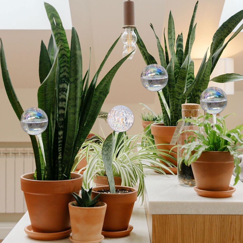 Glass Plant Watering Globes, Water Plants While Away Slow Self Watering Planter Insert Bulbs for Outdoor Indoor Plants, Vacation Plant Watering System Devices (Iridescent Medium 2-Pack)