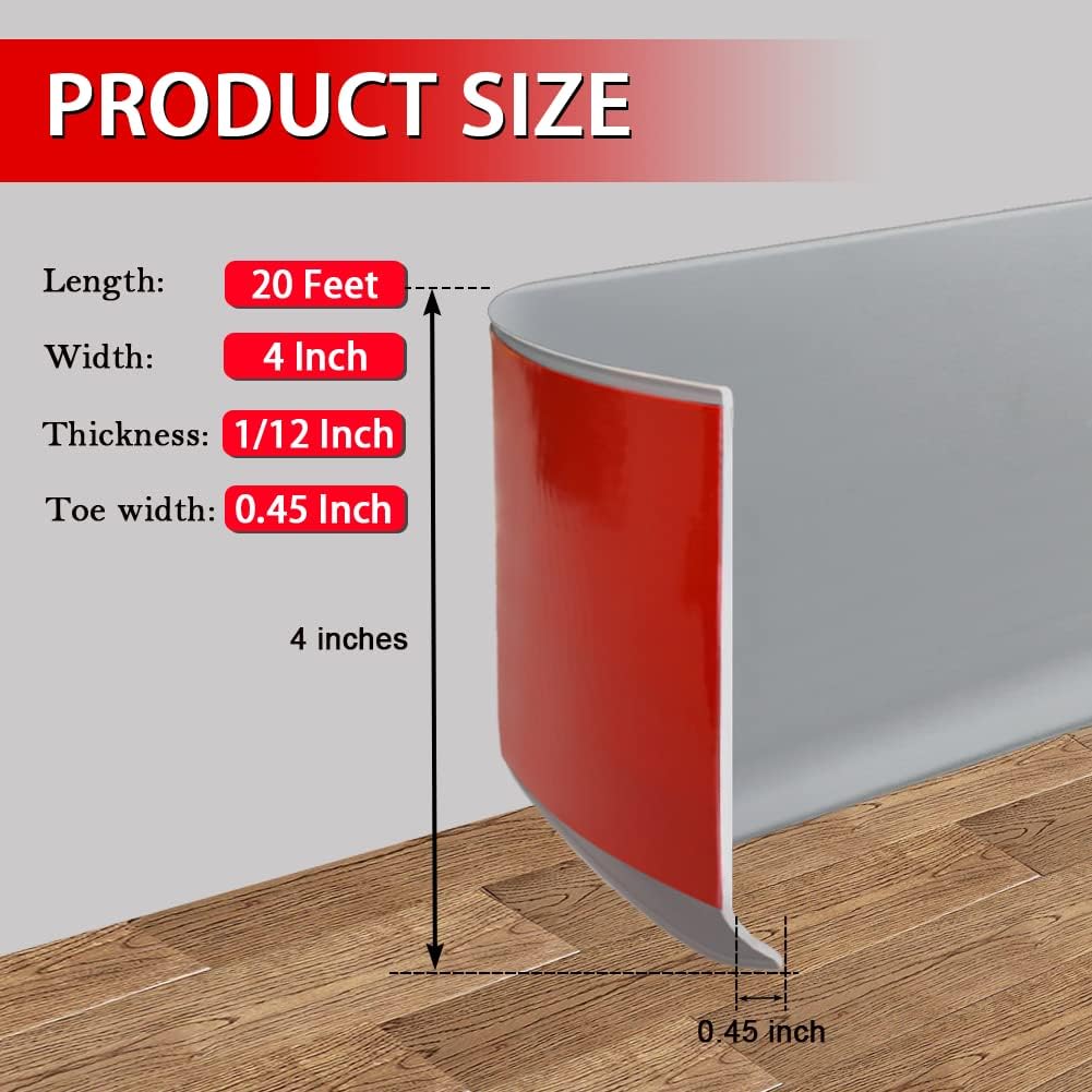 Vinyl Wall Base Baseboard Molding Trim 4" Flexible Self Adhesive Rubber Wall Base Moulding Trim Peel and Stick Design, 4 Inch x 20 Feet, Gray