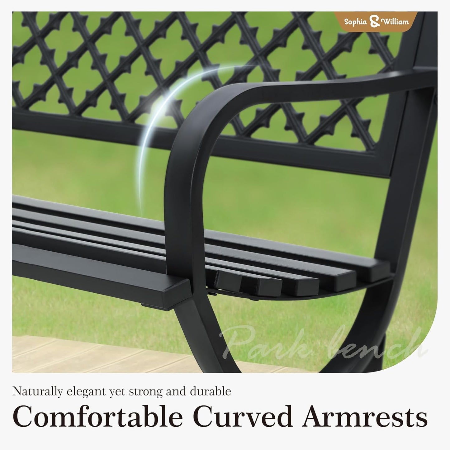 Sophia & William Outdoor Bench, 50 inches Metal Garden Bench, Cast Iron Park Benches for Outside with Floral Backrest and R-Shaped Legs for Porch Yard Lawn Deck, Black