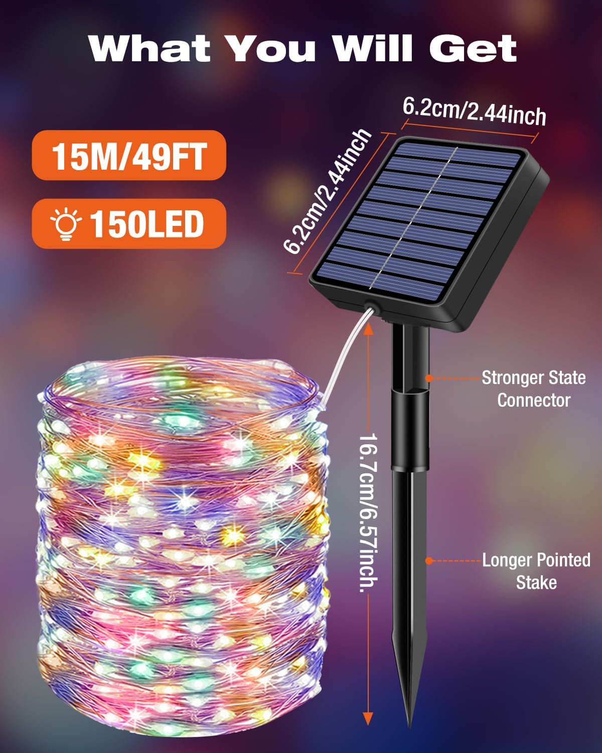 3 Pack Solar Fairy Lights for Outside Waterproof, 49FT/15M 150LED Solar String Lights Outdoor 8 Modes Solar Twinkle Lights for Garden Yard Christmas Tree Wedding Party Decor, Multicolor