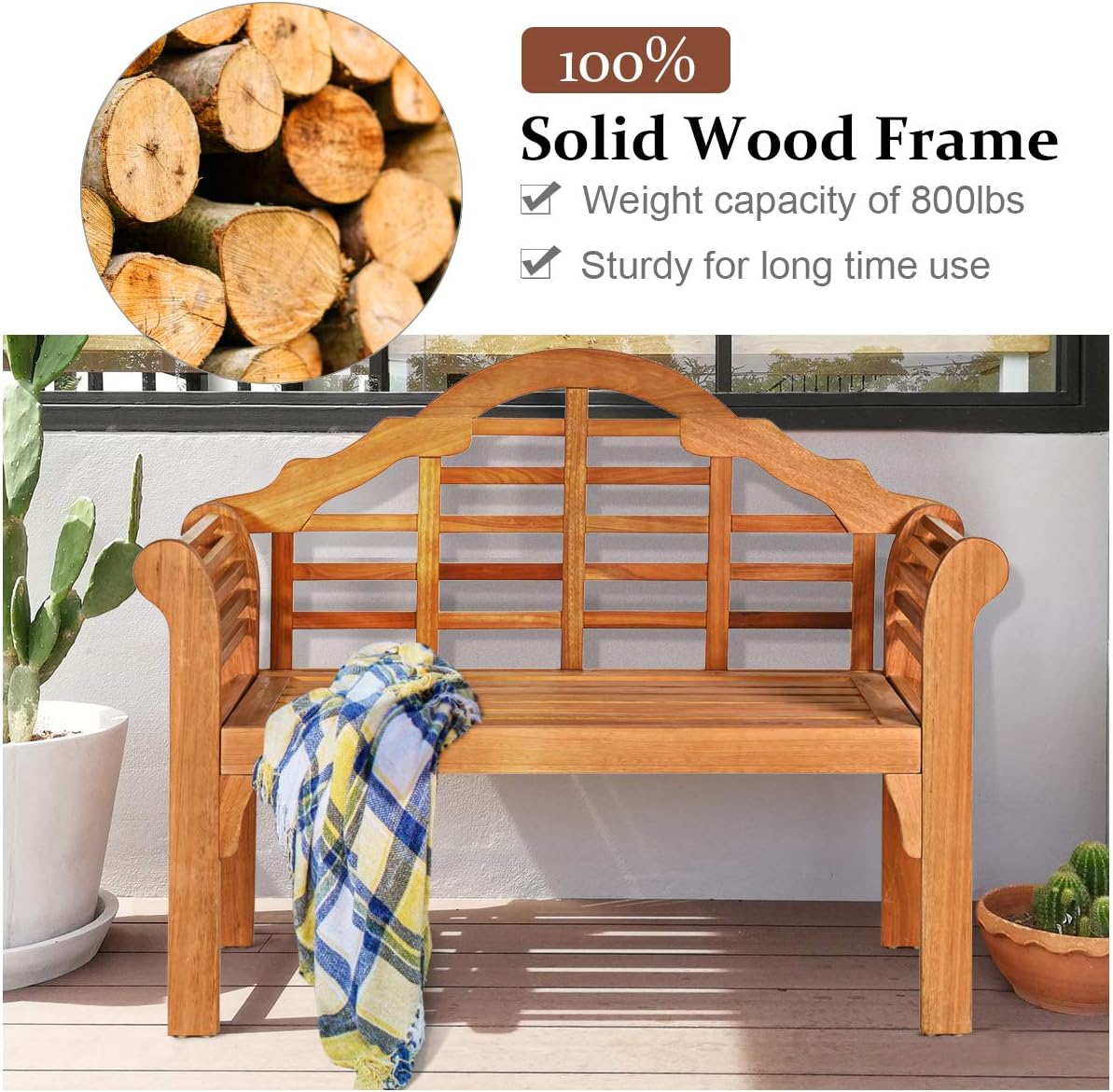 Tangkula Folding Outdoor Eucalyptus Wood Bench, 49” Large Foldable Solid Wood Garden Park Bench, 2-Person Loveseat Chair for Entryway, Deck, Porch, Poolside & Balcony