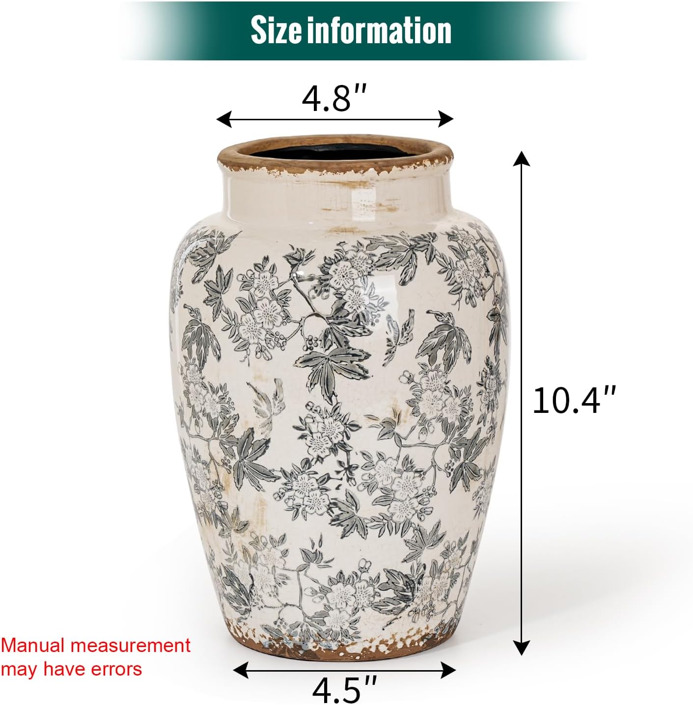 Sungmor Ceramic Flower Vase, Vintage Ice Cracked Glaze Porcelain Vase, Pretty Home Decor Vase for Flower Arrangement, Fresh Flowers, 10.2 Inch Tall Chinoiserie Pottery Vase, Gray Floral Pattern