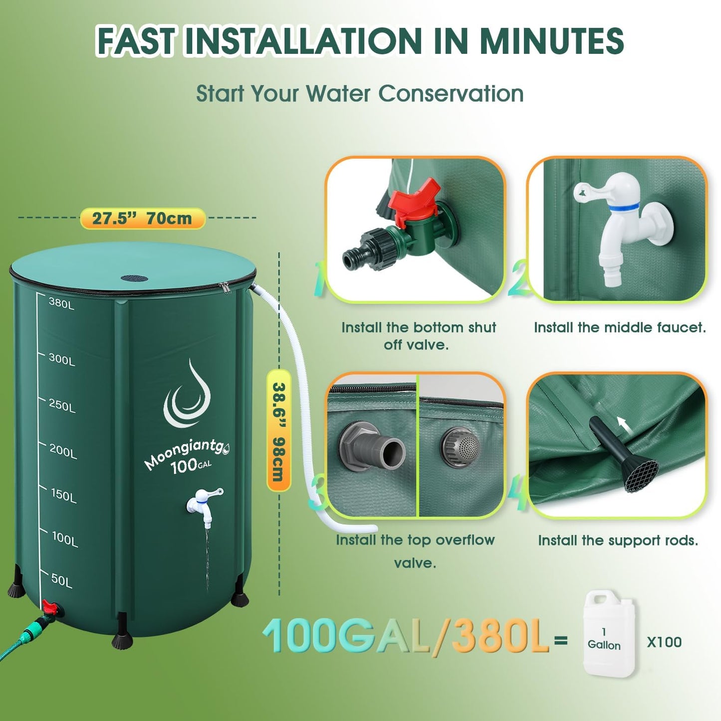 Moongiantgo 100 Gallon Collapsible Rain Barrel with Scale Line - 1000D PVC Portable Water Storage Tank - Rainwater Collection System with Filter Spigot Overflow Kit to Collect Rainwater from Gutter