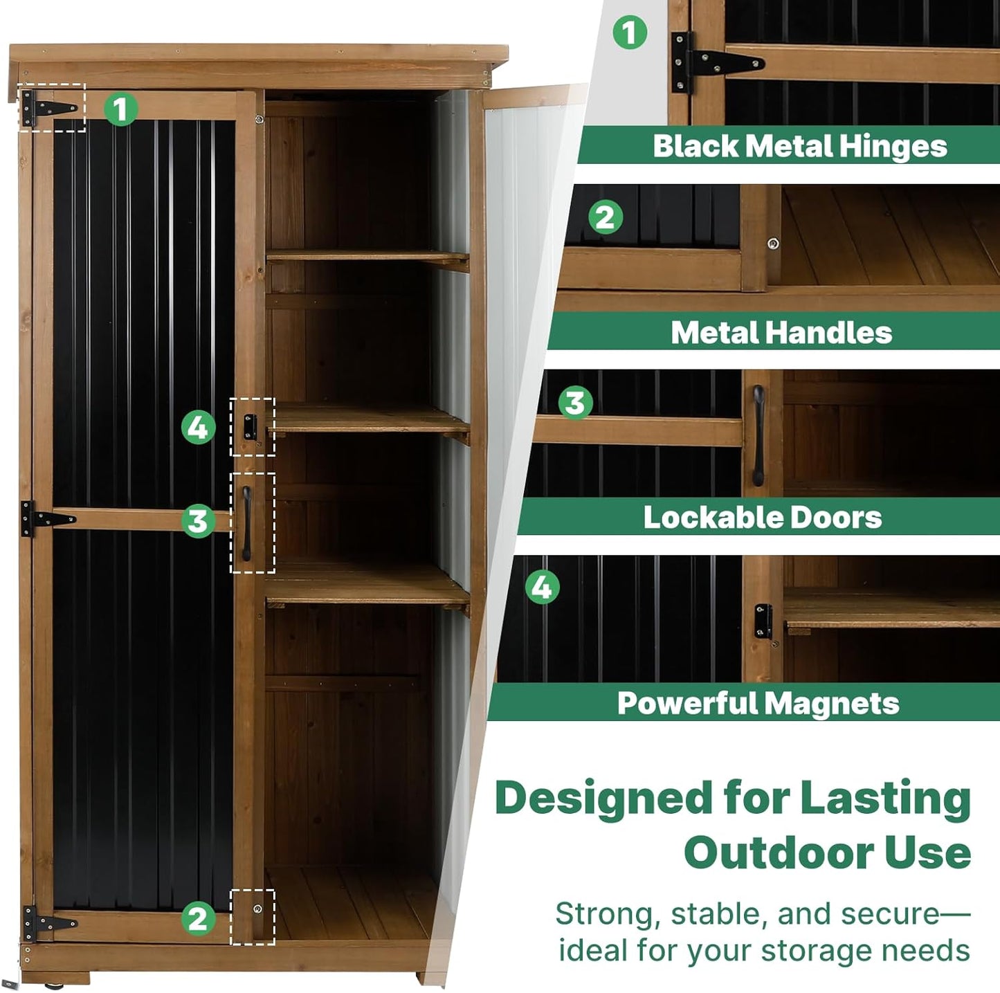 Outdoor Storage Cabinet, Wood & Metal Tall Tool Shed with Weather-Resistant Roof, Double Lockable Doors, 3 Removable Shelves & Adjustable Feet, for Patio, Garden, Backyard, 32" x 15.5" x 66"