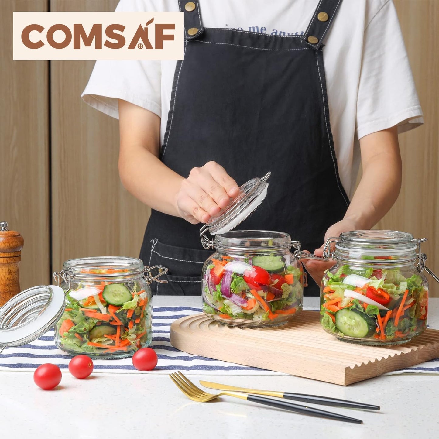 ComSaf 25oz Airtight Glass Canisters with Lids Set of 6, Square Food Storage Jar Container with Clamp Lids for Kitchen Canning Cereal Coffee Pasta Sugar Beans Spice, Clear Mason Jars with 12 Labels
