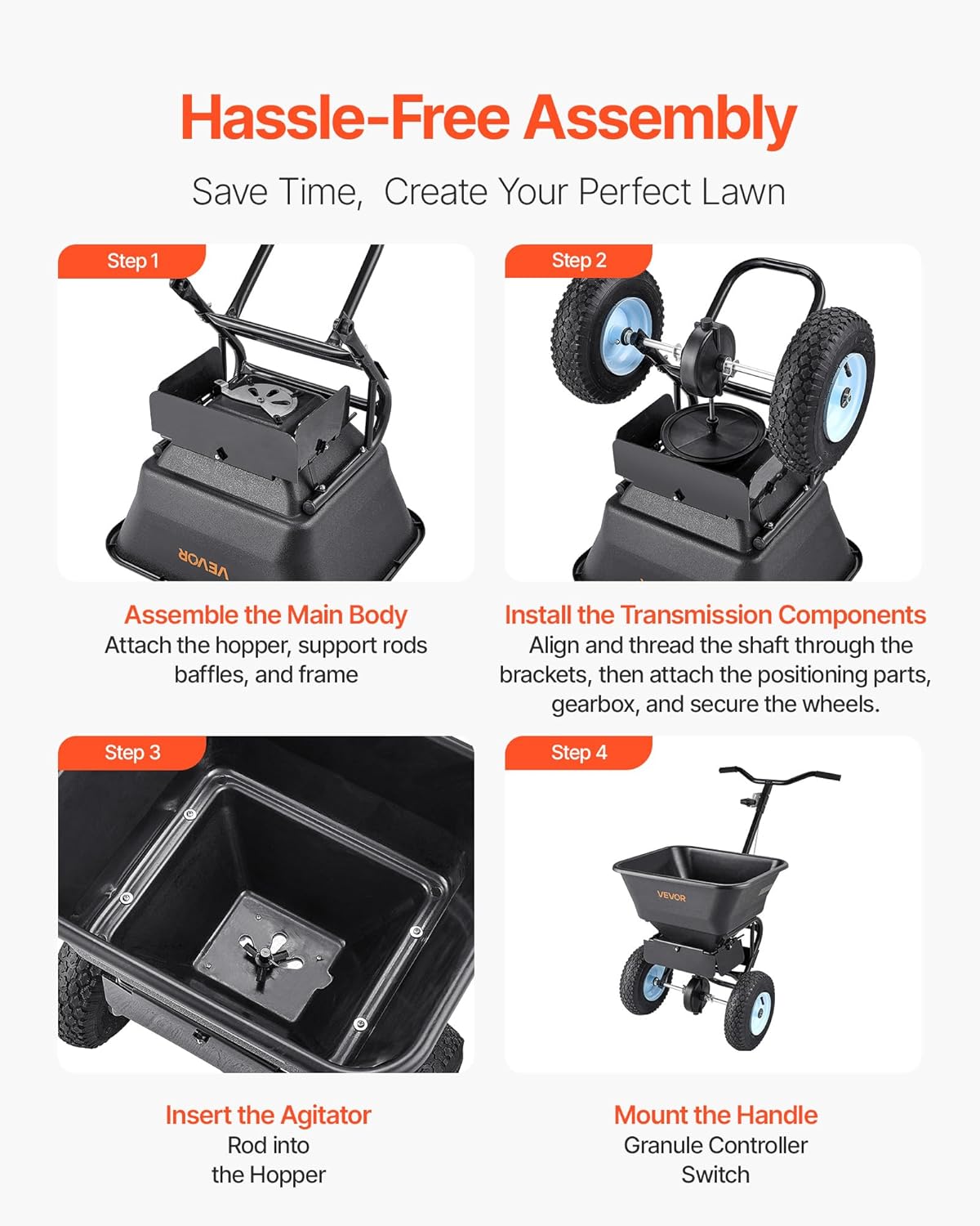 VEVOR Broadcast Spreader, 100LBS4Capacity, Walk-Behind Push Spreader, 0-9.8ft Spreading Width, 13 in All Terrain Pneumatic Tires, Lawn Spreaders with Hopper Grate, for Seed, Fertilizer, Salt, Ice Melt