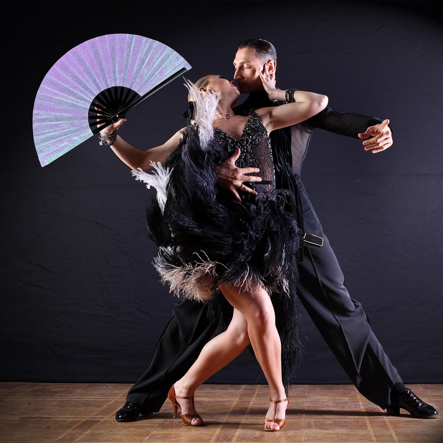 Maitys 2 Packs Large Clap Fans for Line Dancing Large Chinese Folding Hand Fans for Men and Women, Festival, Tai Ji, Kungfu, Martial Art, Gifts (Glitter Pink Purple)