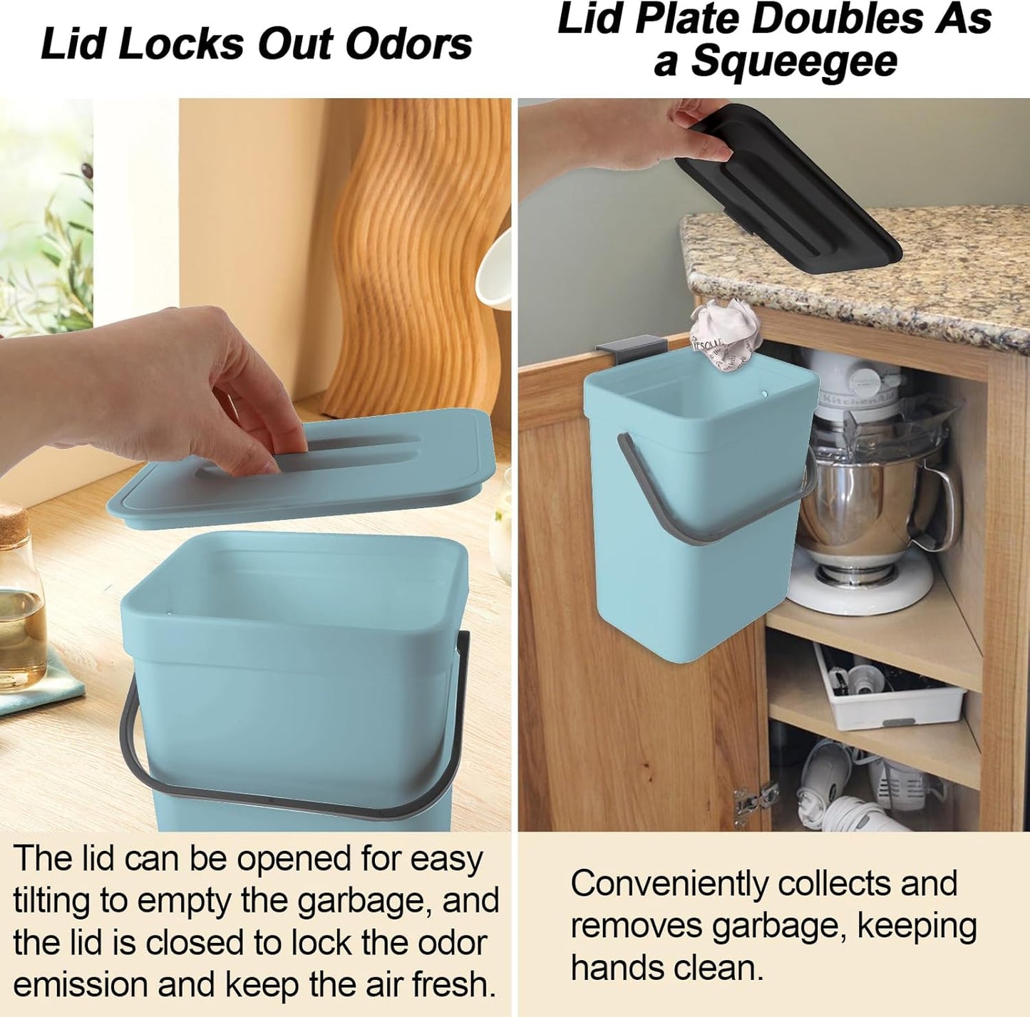 Compost Bin Kitchen, for use on Countertops or Under Sinks, Hanging Trash Can with Lid, for Cupboard/Bathroom/Bedroom/Office/Camping, Mountable Indoor Compost Bucket(Blue 1.3 Gallon/5L)