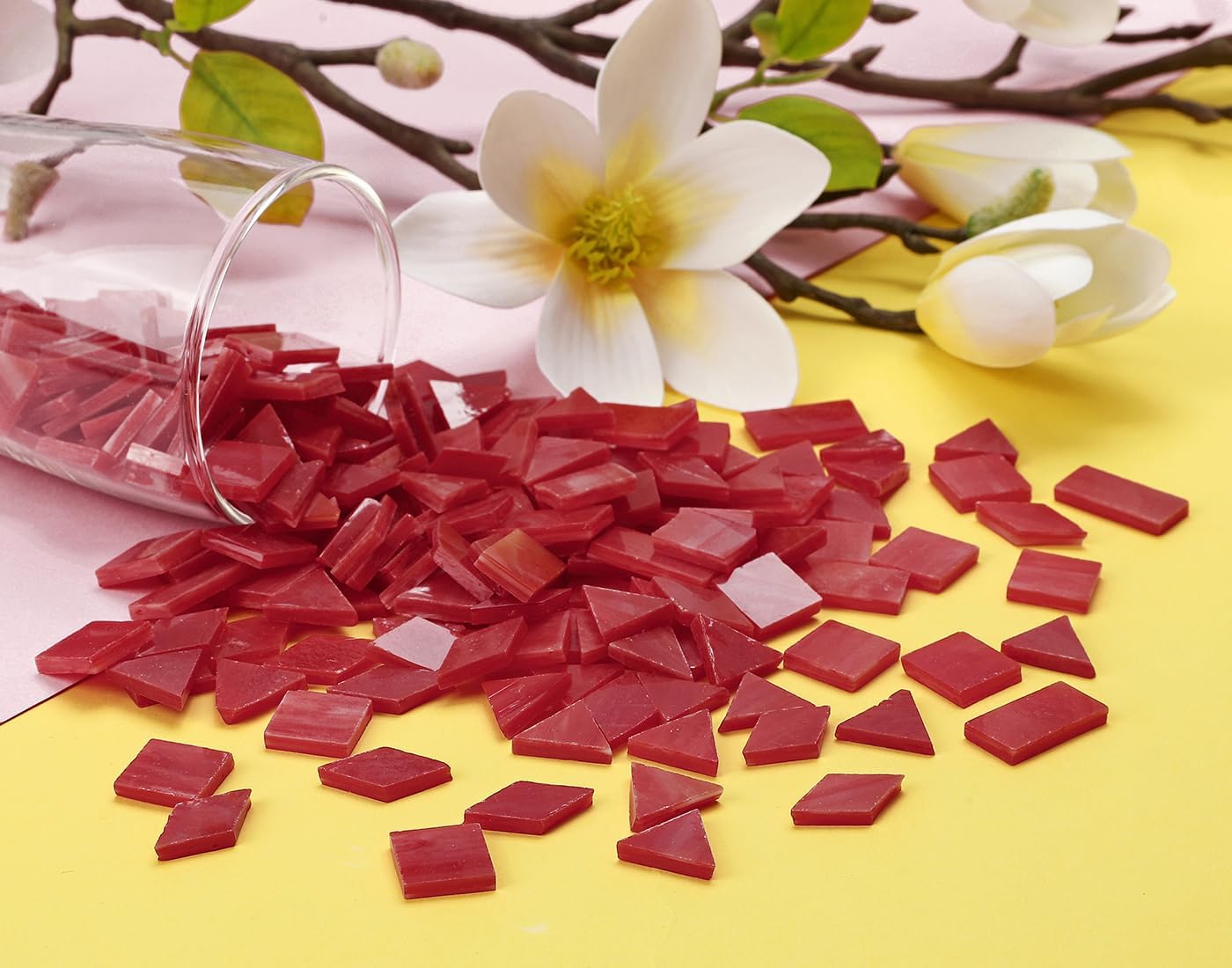 Lanyani 200 Pieces Glass Mosaic Tiles for Crafts,4 Shapes Mixed Colorful Tiffany Stained Glass Pieces,Square/Rectangle/Diamond/Triangle,Dark Red