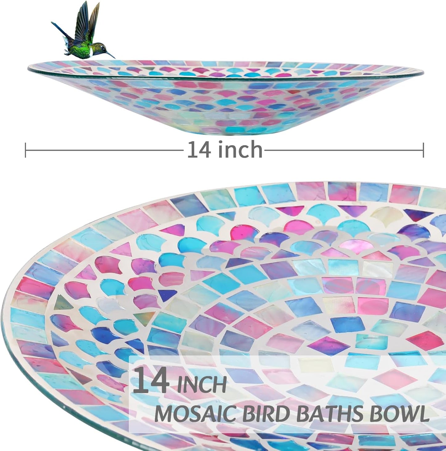 MUMTOP Mosaic Glass Bird Baths, 14 Inch Width Outdoor Garden Bird Bath Bowl with Metal Stand, Unique Glass Birdbaths Bird Feeder for Yard Decor, 19.68 Inch Height