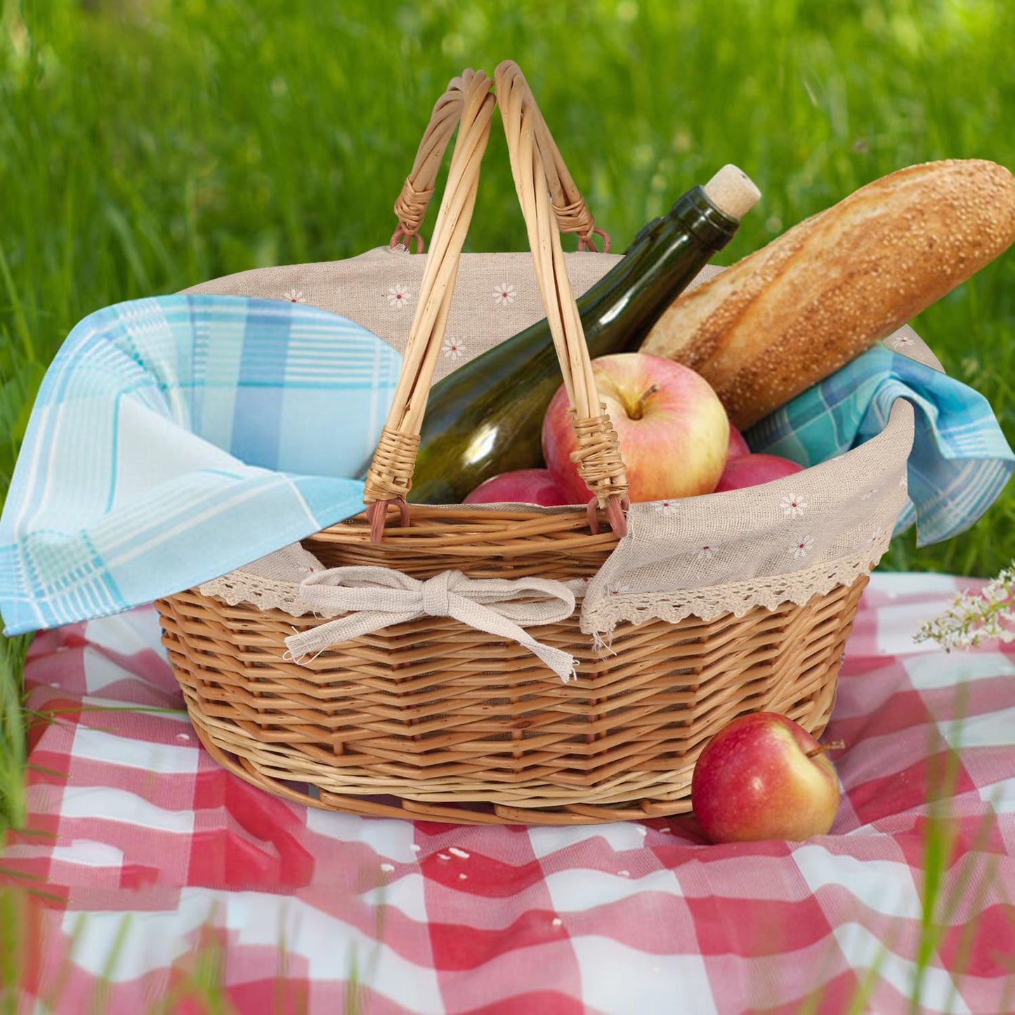 Large Multipurpose Wicker Basket with Handle, 14.2 x 11 x 6.7 in Wicker Picnic Basket with Liner, Empty Gift Basket, Oval Willow Woven Basket for Fruit, Wine, Gathering, Wedding, Picnic, by GNIEMCKIN